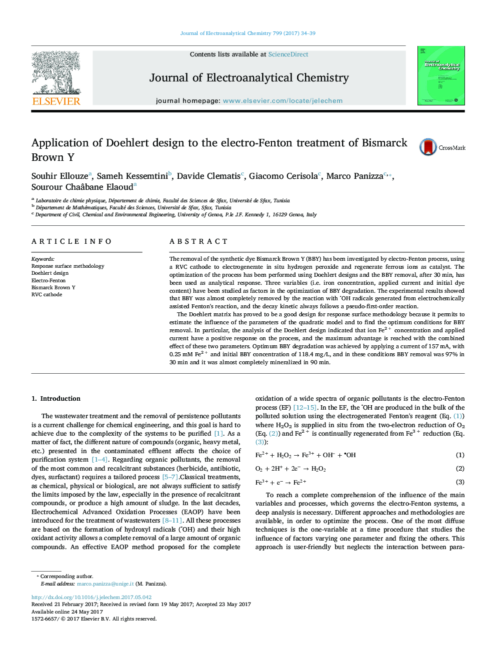 Application of Doehlert design to the electro-Fenton treatment of Bismarck Brown Y