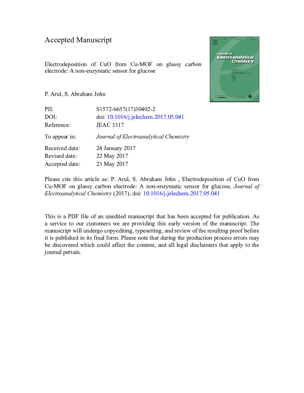 Electrodeposition of CuO from Cu-MOF on glassy carbon electrode: A non-enzymatic sensor for glucose