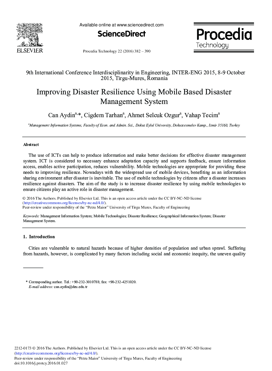 Improving Disaster Resilience Using Mobile Based Disaster Management System 