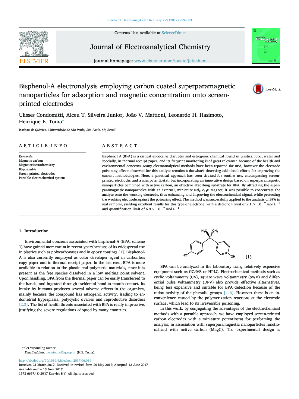 Bisphenol-A electronalysis employing carbon coated superparamagnetic nanoparticles for adsorption and magnetic concentration onto screen-printed electrodes