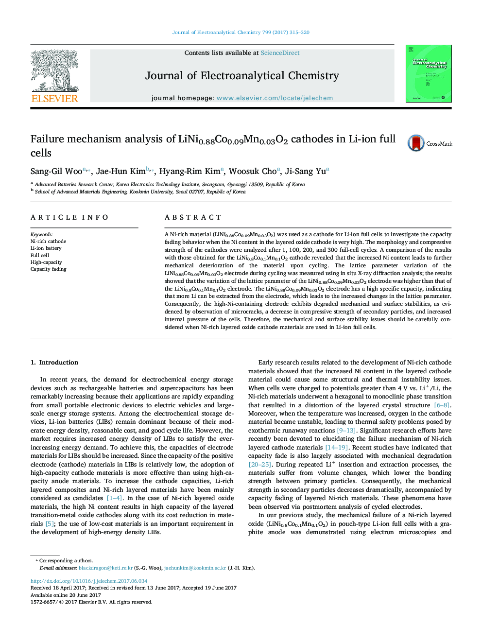 Failure mechanism analysis of LiNi0.88Co0.09Mn0.03O2 cathodes in Li-ion full cells