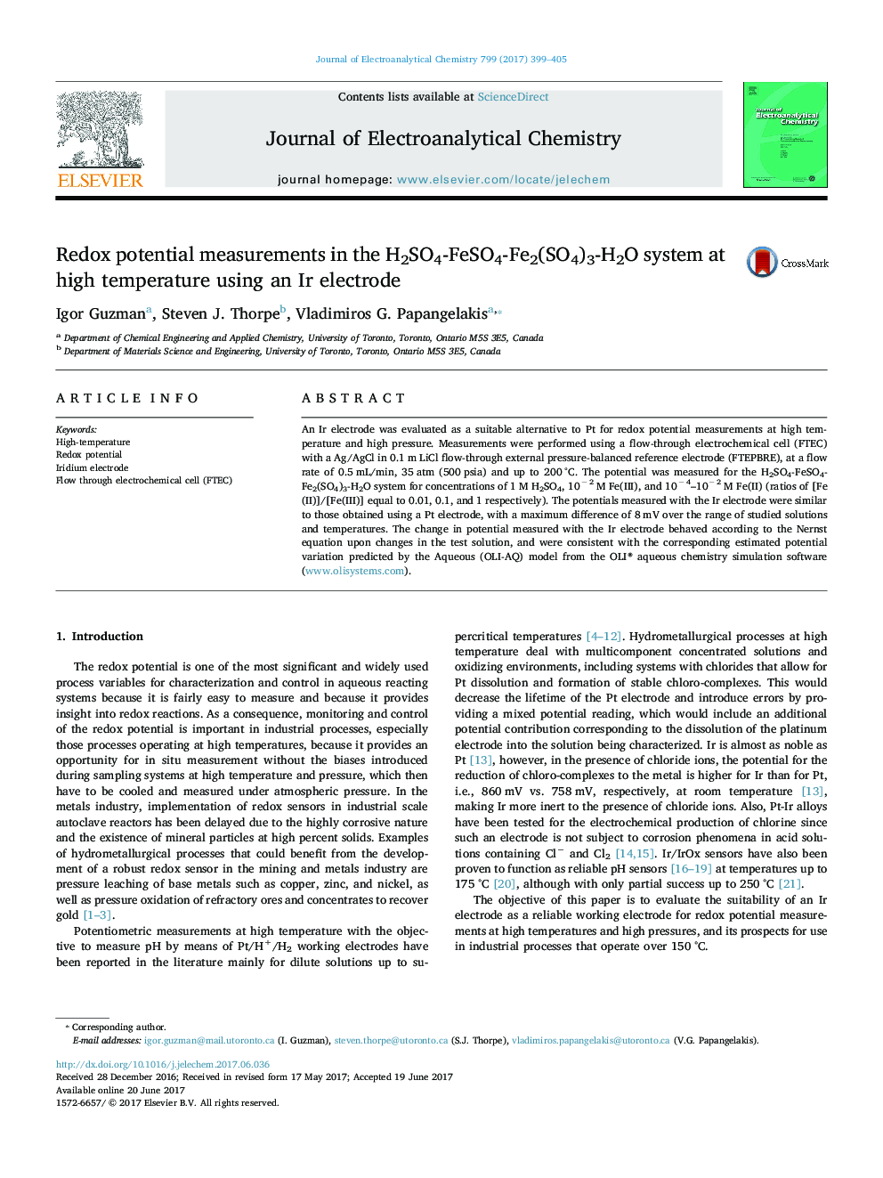 Redox potential measurements in the H2SO4-FeSO4-Fe2(SO4)3-H2O system at high temperature using an Ir electrode