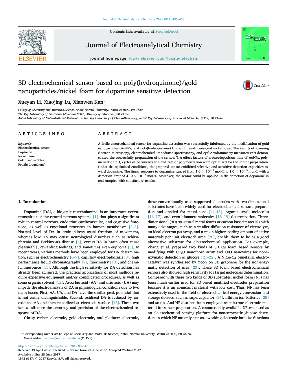 3D electrochemical sensor based on poly(hydroquinone)/gold nanoparticles/nickel foam for dopamine sensitive detection