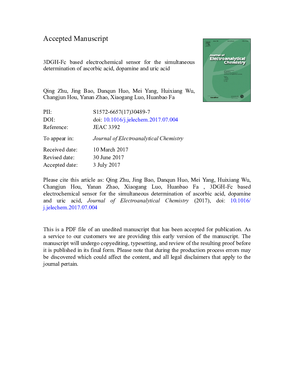 3DGH-Fc based electrochemical sensor for the simultaneous determination of ascorbic acid, dopamine and uric acid