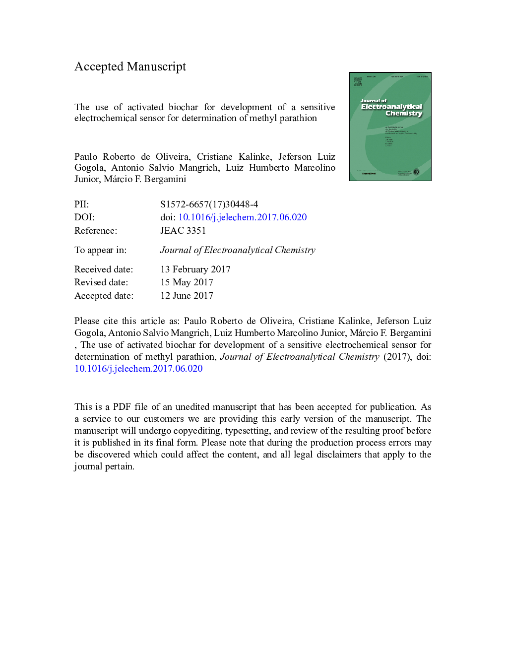 The use of activated biochar for development of a sensitive electrochemical sensor for determination of methyl parathion