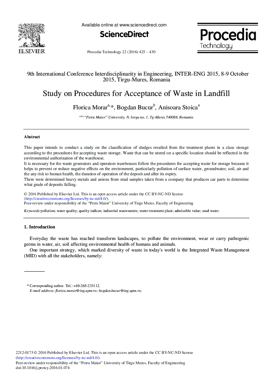 Study on Procedures for Acceptance of Waste in Landfill 