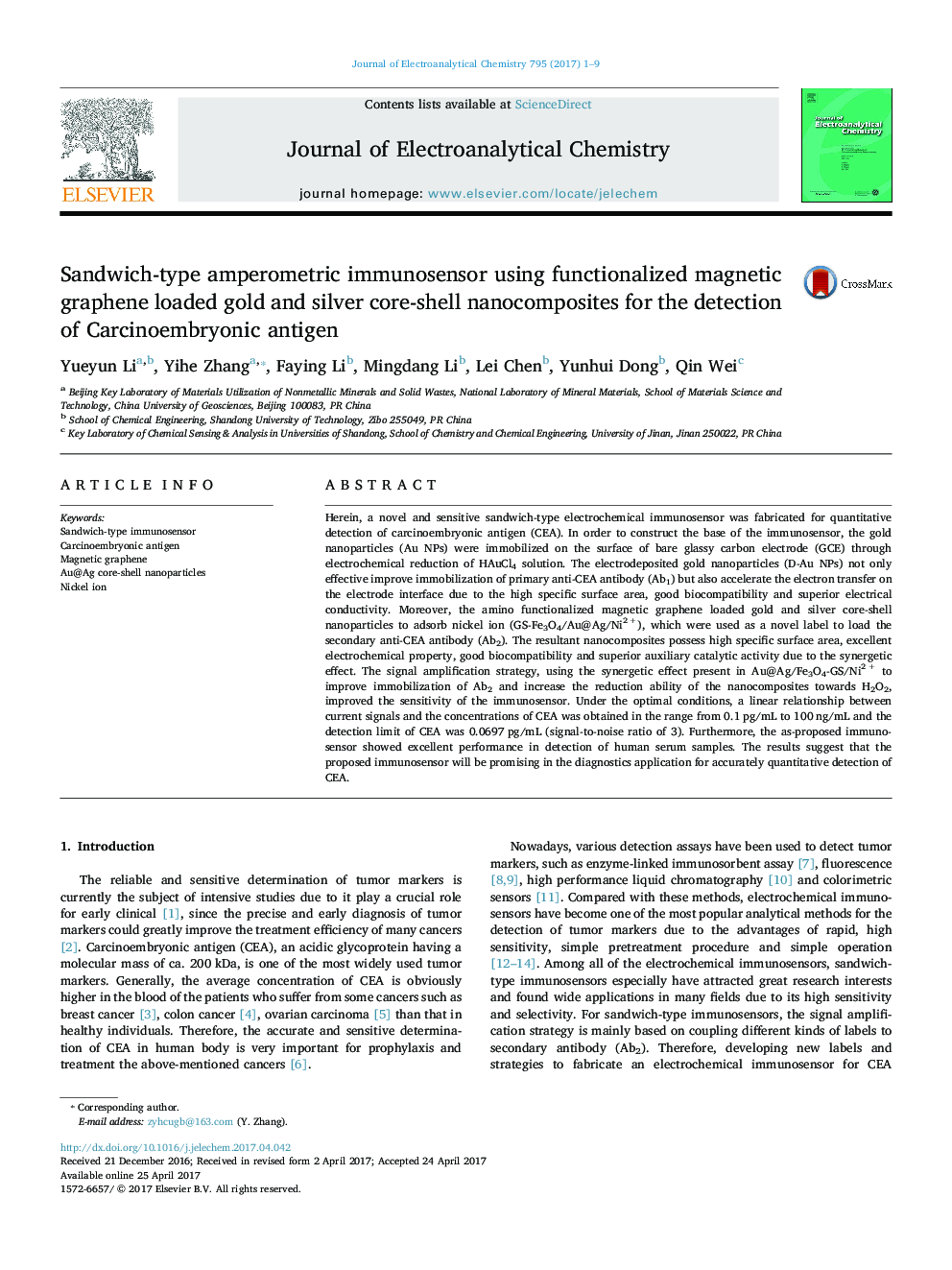 Sandwich-type amperometric immunosensor using functionalized magnetic graphene loaded gold and silver core-shell nanocomposites for the detection of Carcinoembryonic antigen