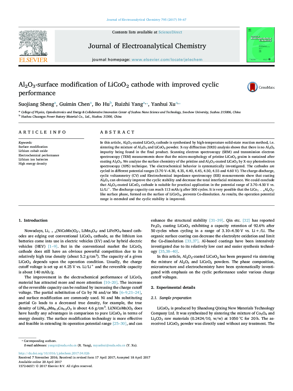 Al2O3-surface modification of LiCoO2 cathode with improved cyclic performance