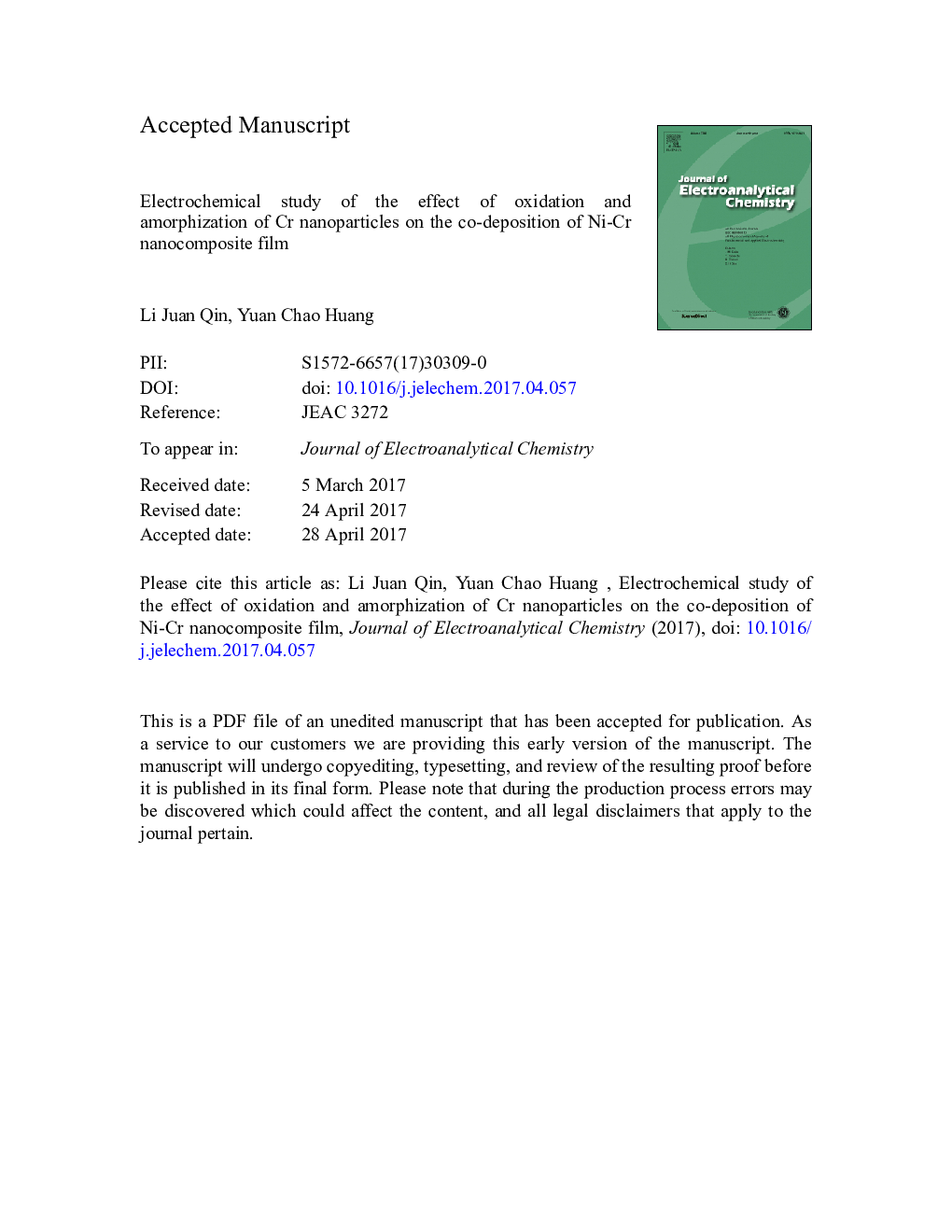 Electrochemical study of the effect of oxidation and amorphization of Cr nanoparticles on the co-deposition of Ni-Cr nanocomposite film