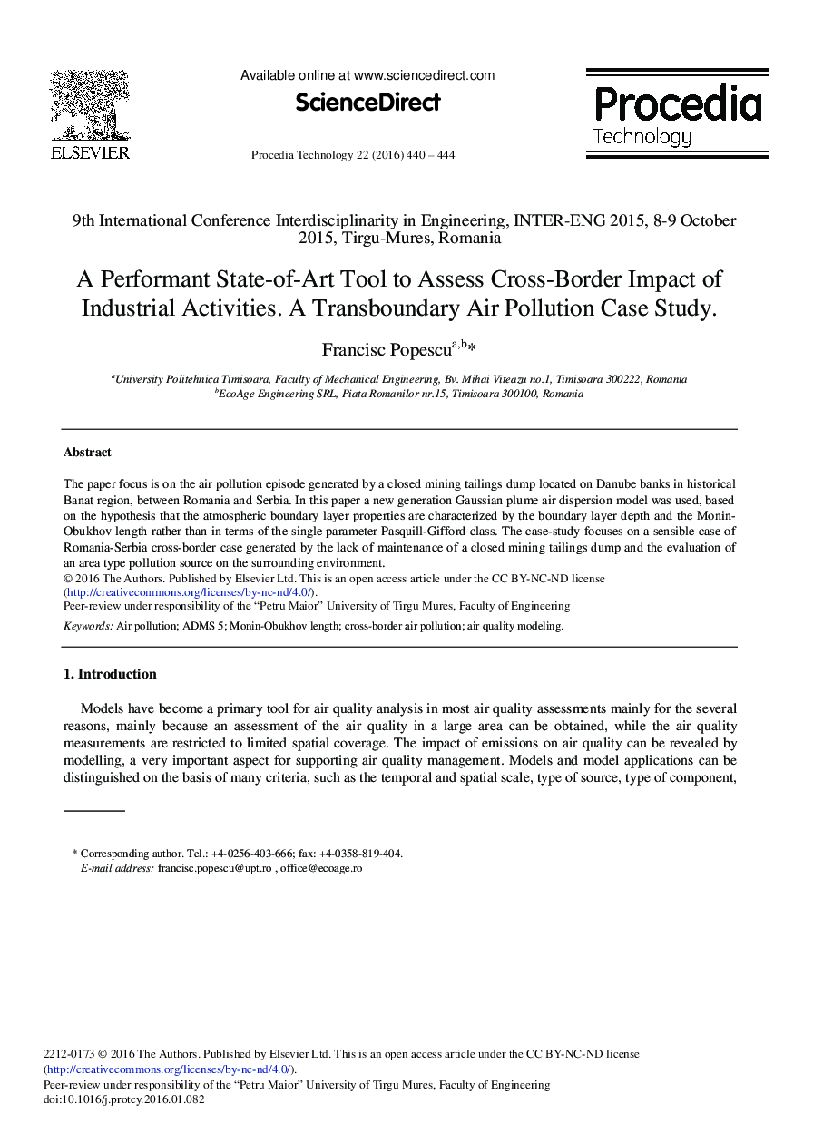 A Performant State-of-Art Tool to Assess Cross-Border Impact of Industrial Activities. A Transboundary Air Pollution Case Study 