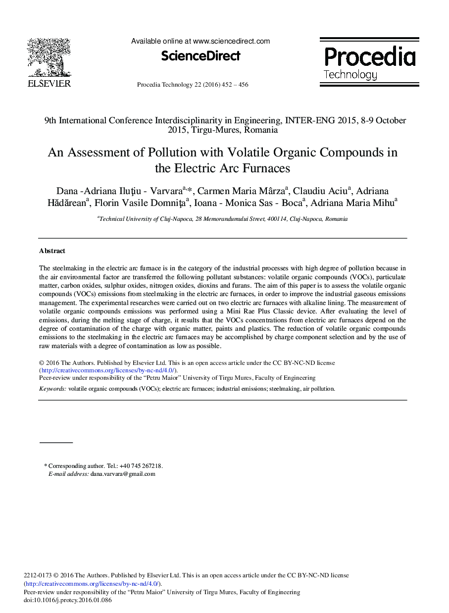 An Assessment of Pollution with Volatile Organic Compounds in the Electric Arc Furnaces 