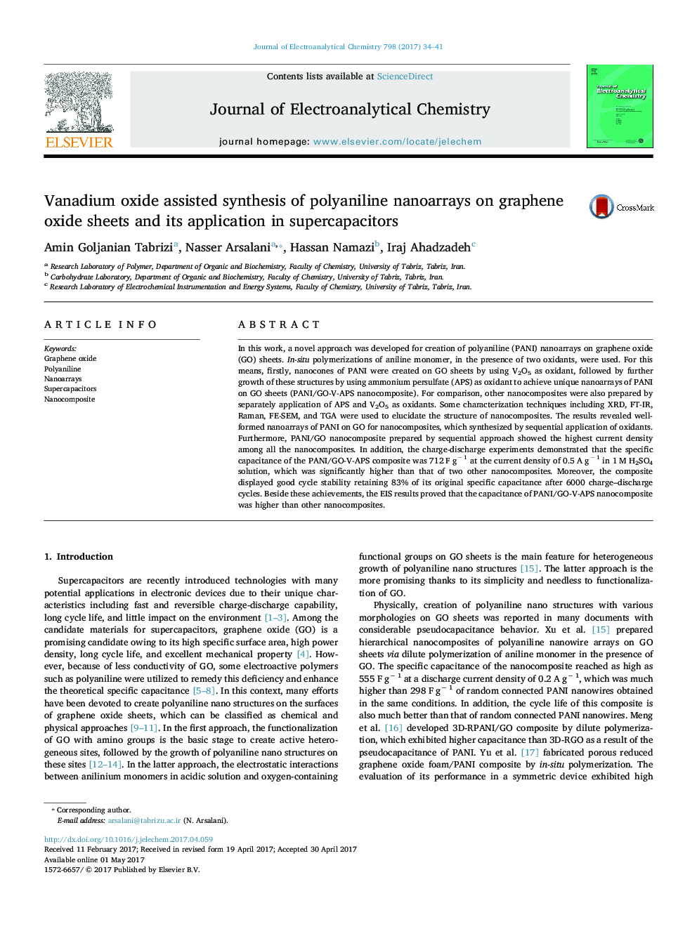 Vanadium oxide assisted synthesis of polyaniline nanoarrays on graphene oxide sheets and its application in supercapacitors