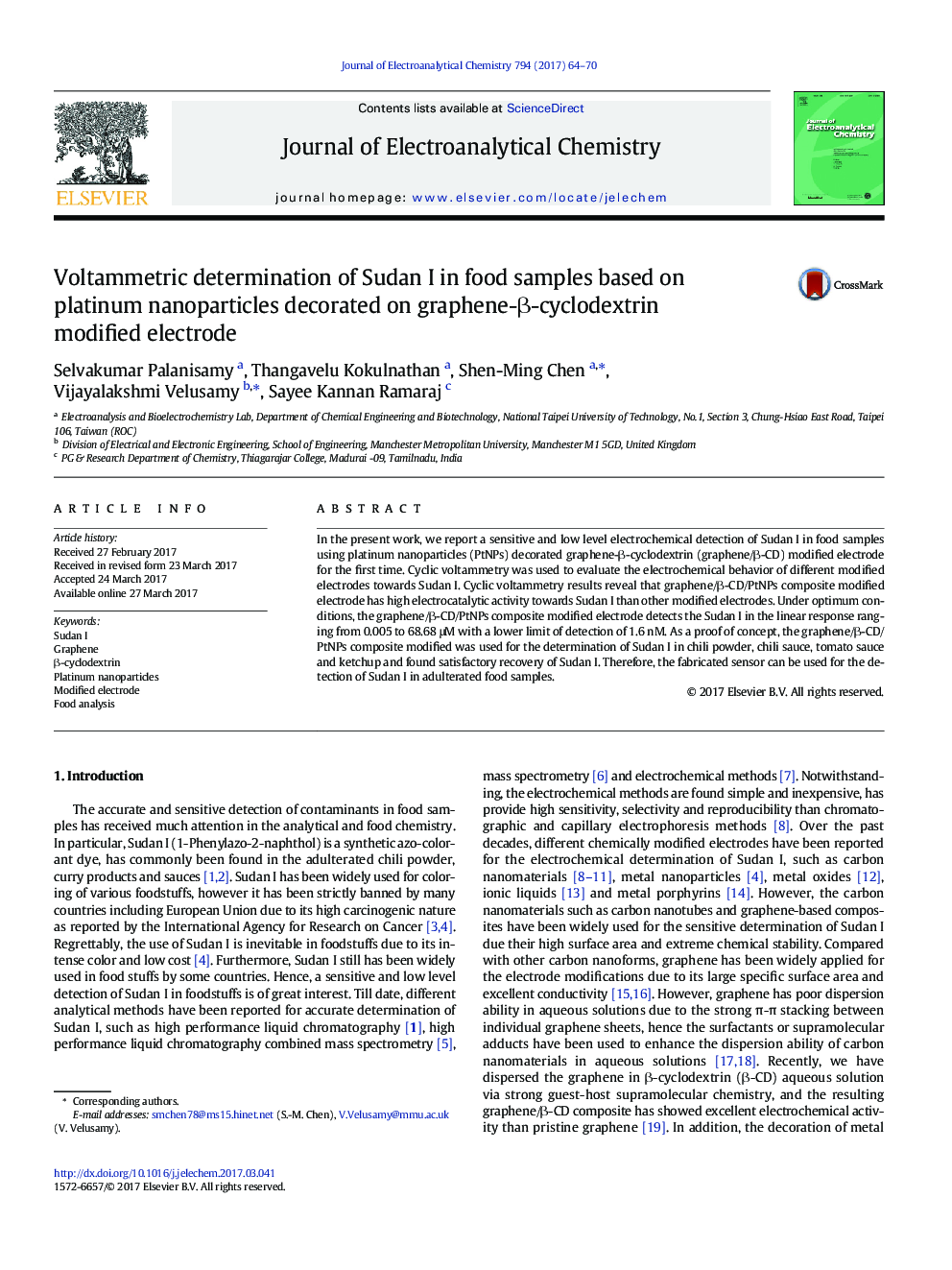 Voltammetric determination of Sudan I in food samples based on platinum nanoparticles decorated on graphene-Î²-cyclodextrin modified electrode