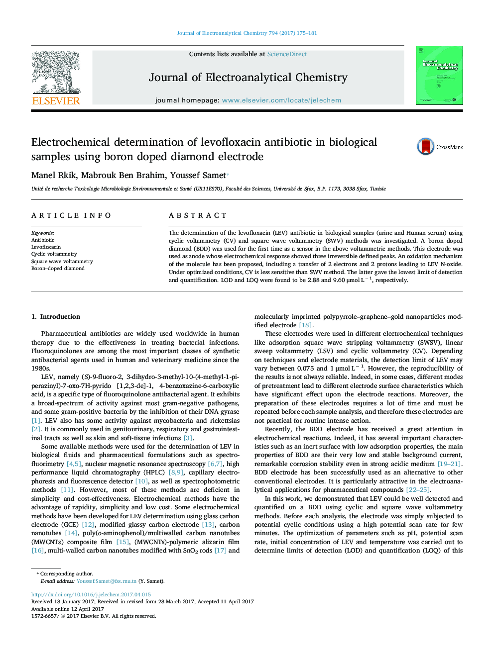 Electrochemical determination of levofloxacin antibiotic in biological samples using boron doped diamond electrode