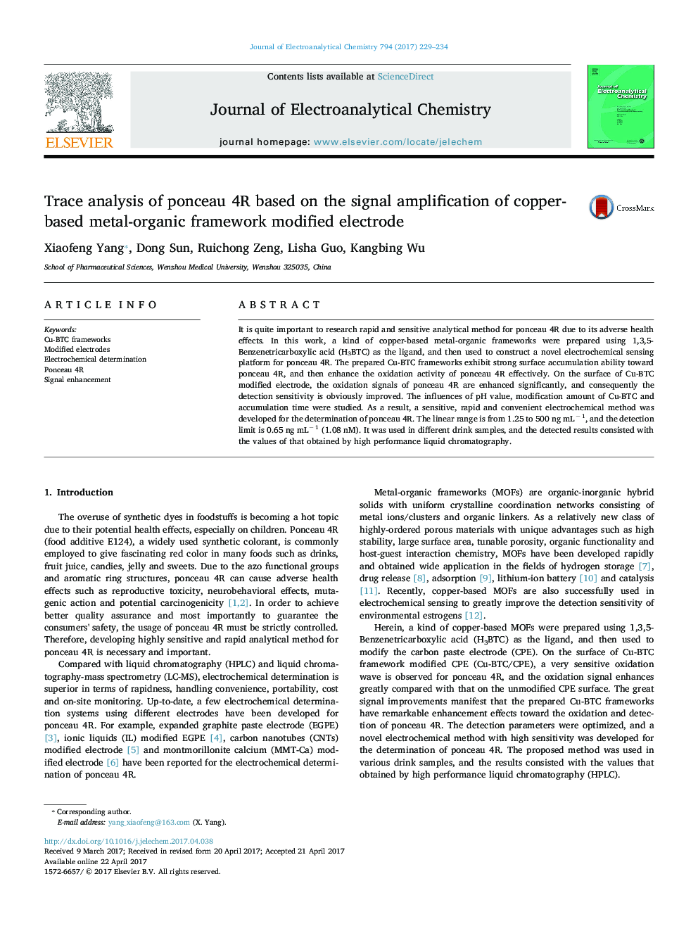 Trace analysis of ponceau 4R based on the signal amplification of copper-based metal-organic framework modified electrode