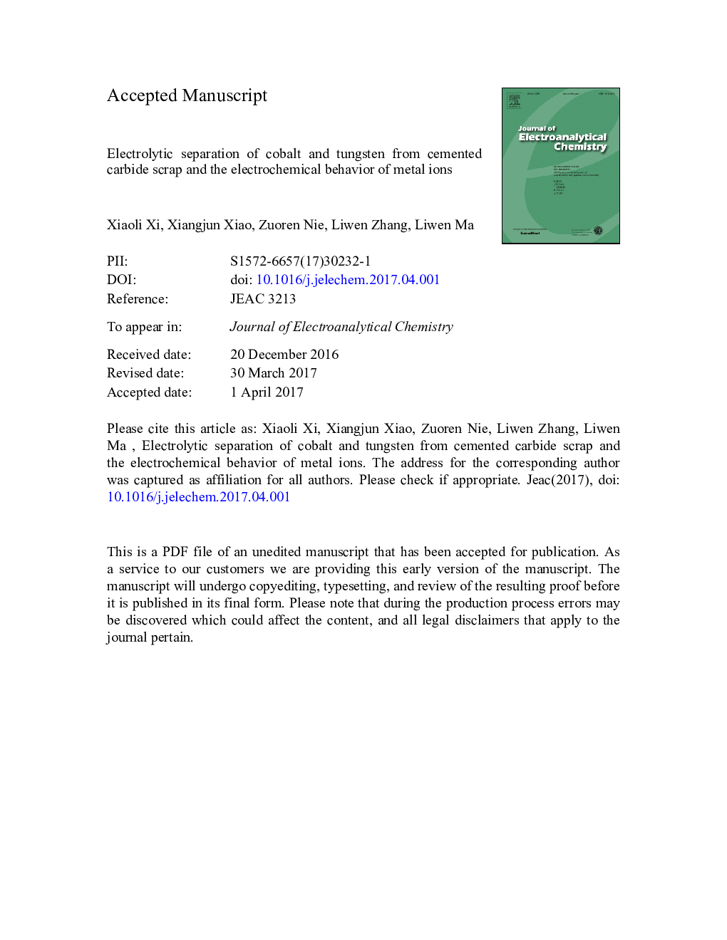 Electrolytic separation of cobalt and tungsten from cemented carbide scrap and the electrochemical behavior of metal ions