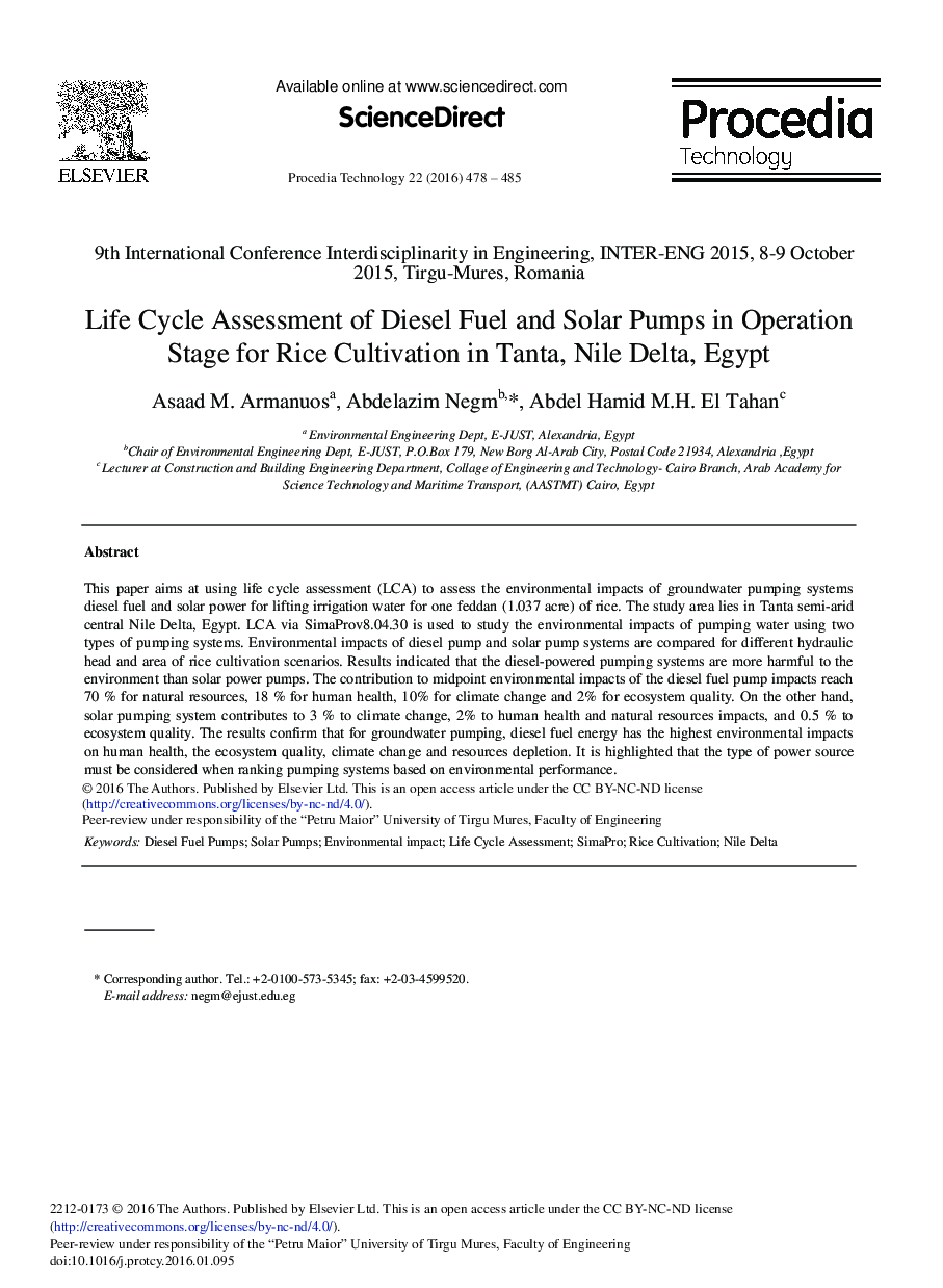 Life Cycle Assessment of Diesel Fuel and Solar Pumps in Operation Stage for Rice Cultivation in Tanta, Nile Delta, Egypt 