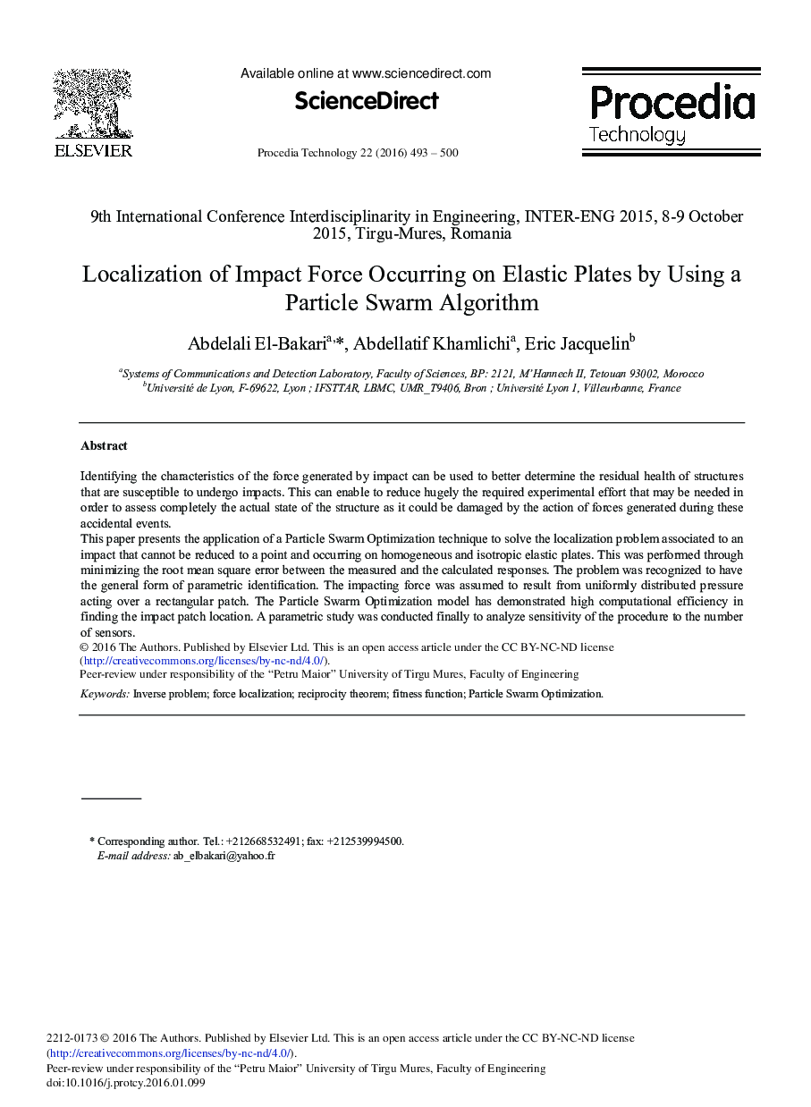 Localization of Impact Force Occurring on Elastic Plates by Using a Particle Swarm Algorithm 