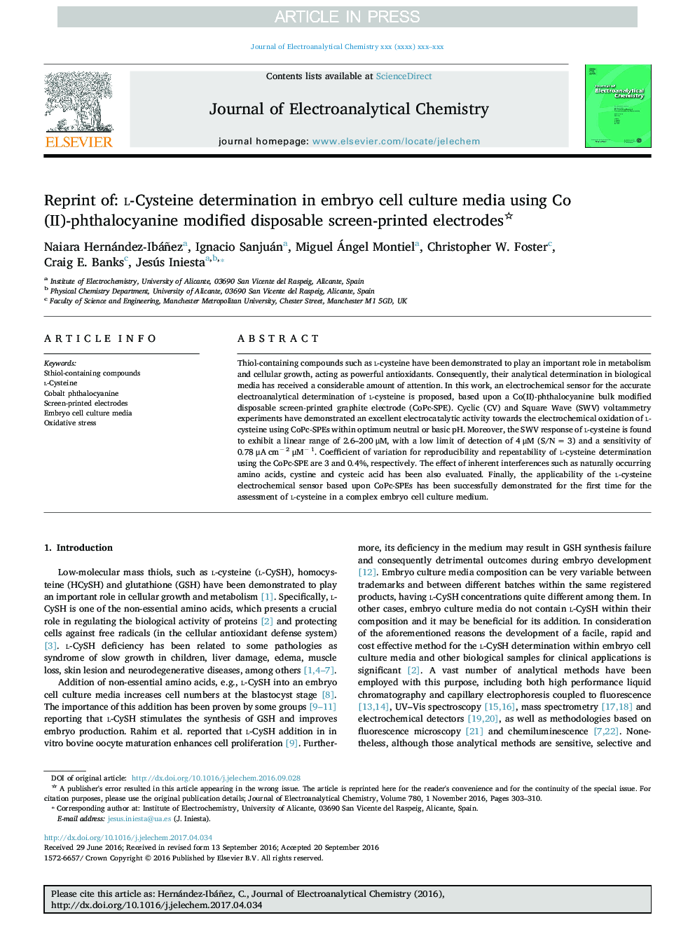 عکس صفحه اول مقاله: Reprint of: l-Cysteine determination in embryo cell culture media using Co (II)-phthalocyanine modified disposable screen-printed electrodes Reprint of: l-Cysteine determination in embryo cell culture media using Co (II)-phthalocyanine modified disposable screen-printed electrodes