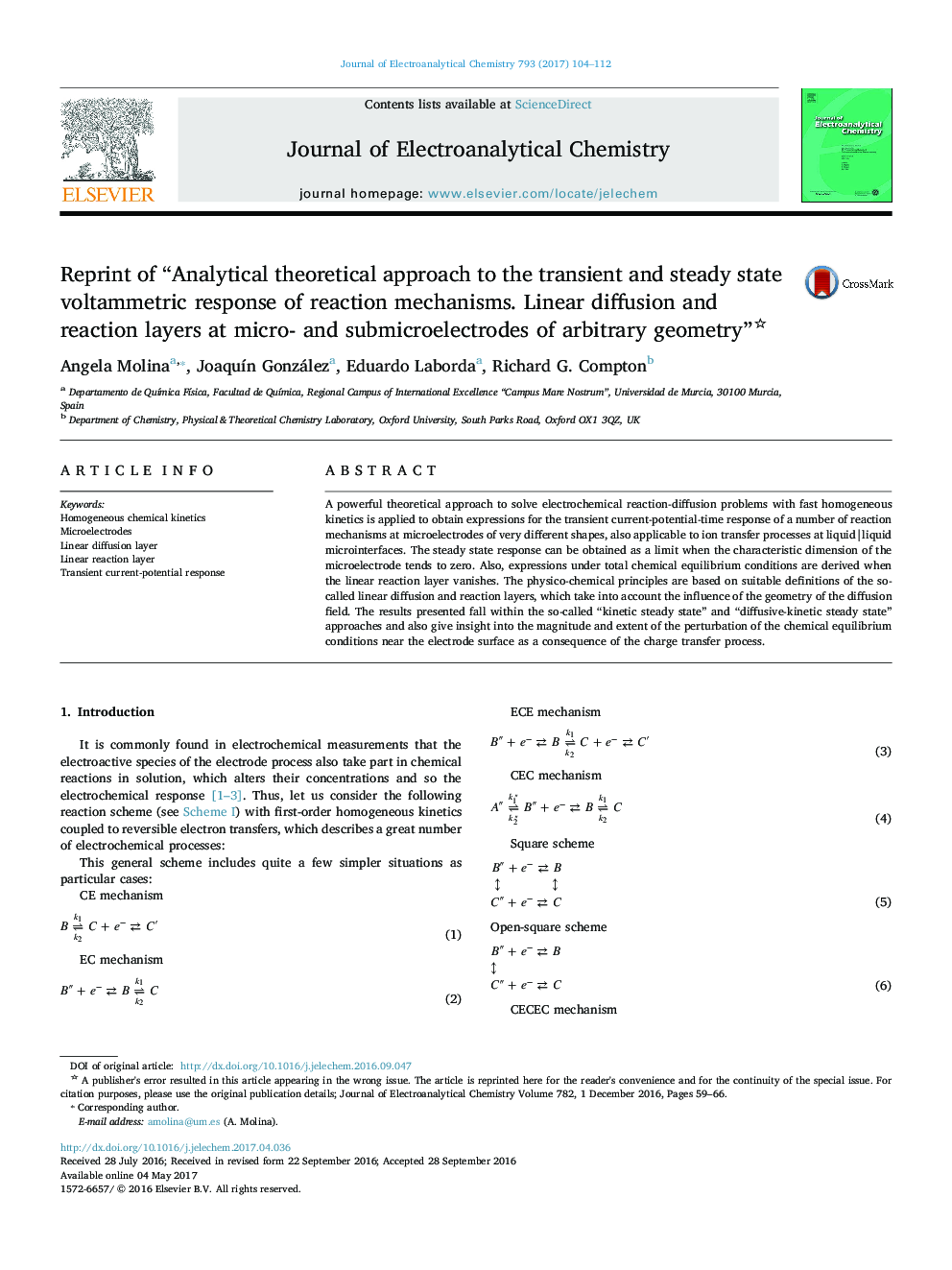 Reprint of “Analytical theoretical approach to the transient and steady state voltammetric response of reaction mechanisms. Linear diffusion and reaction layers at micro- and submicroelectrodes of arbitrary geometry”