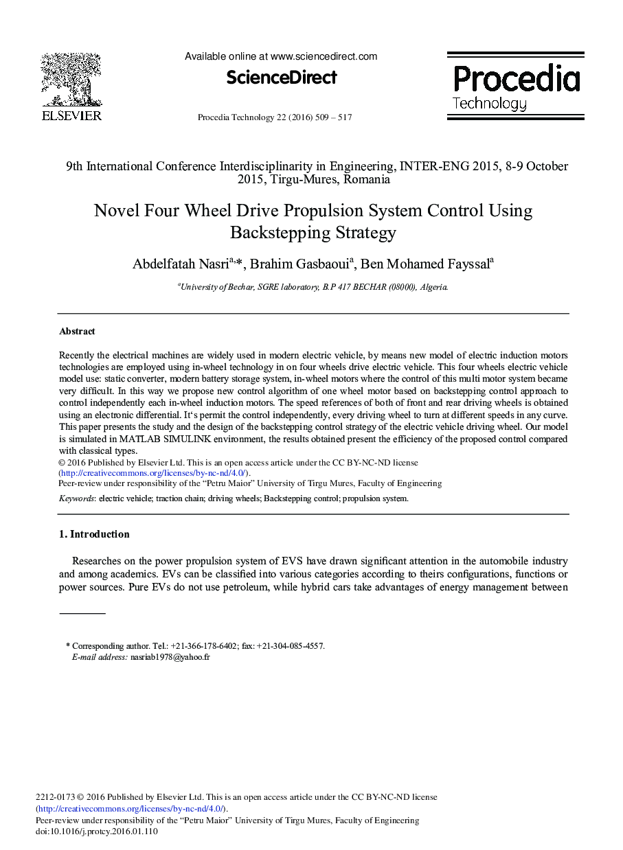 Novel Four Wheel Drive Propulsion System Control Using Backstepping Strategy 