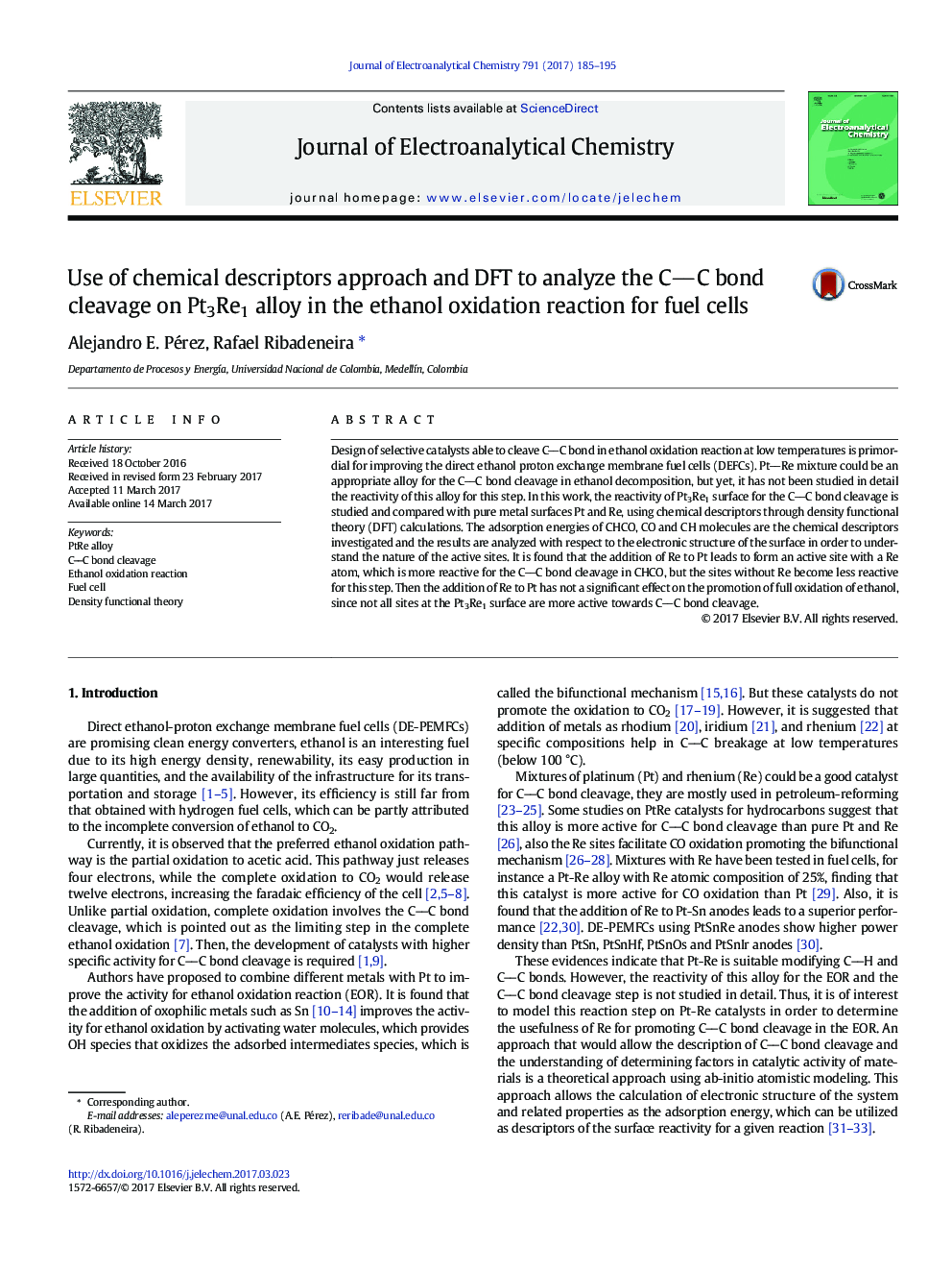 Use of chemical descriptors approach and DFT to analyze the CC bond cleavage on Pt3Re1 alloy in the ethanol oxidation reaction for fuel cells