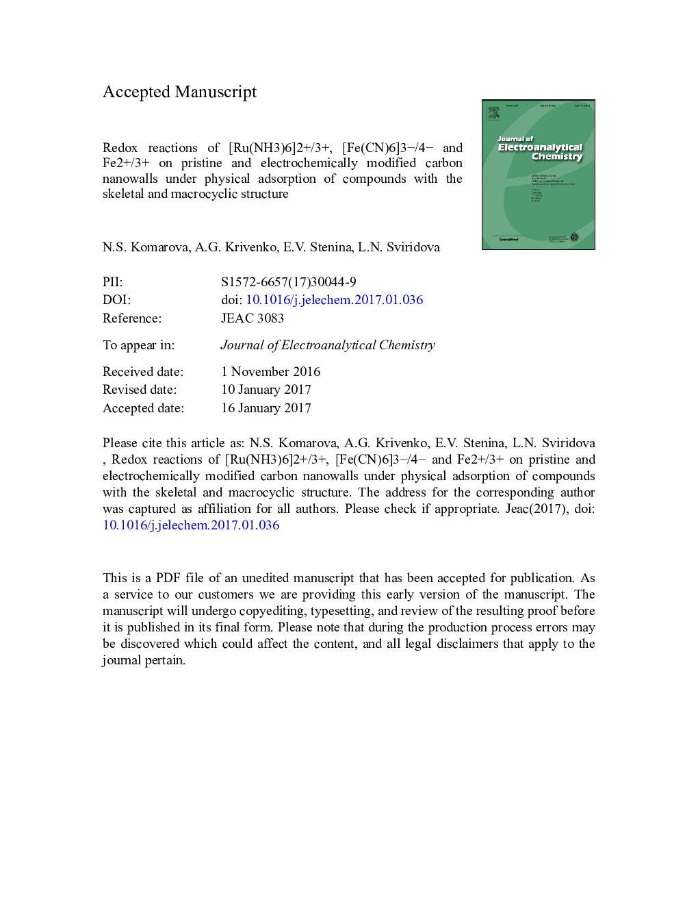 Redox reactions of [Ru(NH3)6]2Â +/3Â +, [Fe(CN)6]3Â â/4Â â and Fe2Â +/3Â + on pristine and electrochemically modified carbon nanowalls under physical adsorption of compounds with the skeletal and macrocyclic structure