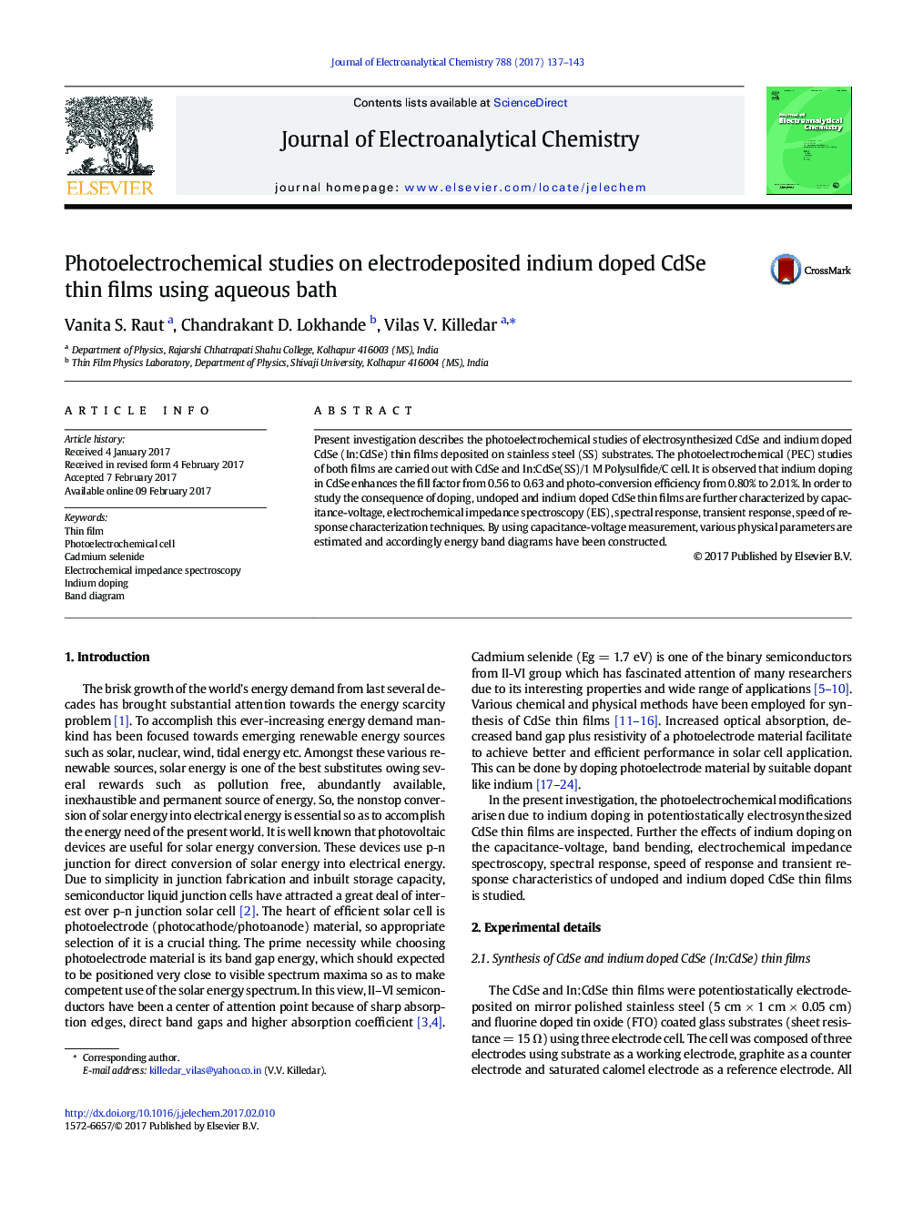 Photoelectrochemical studies on electrodeposited indium doped CdSe thin films using aqueous bath