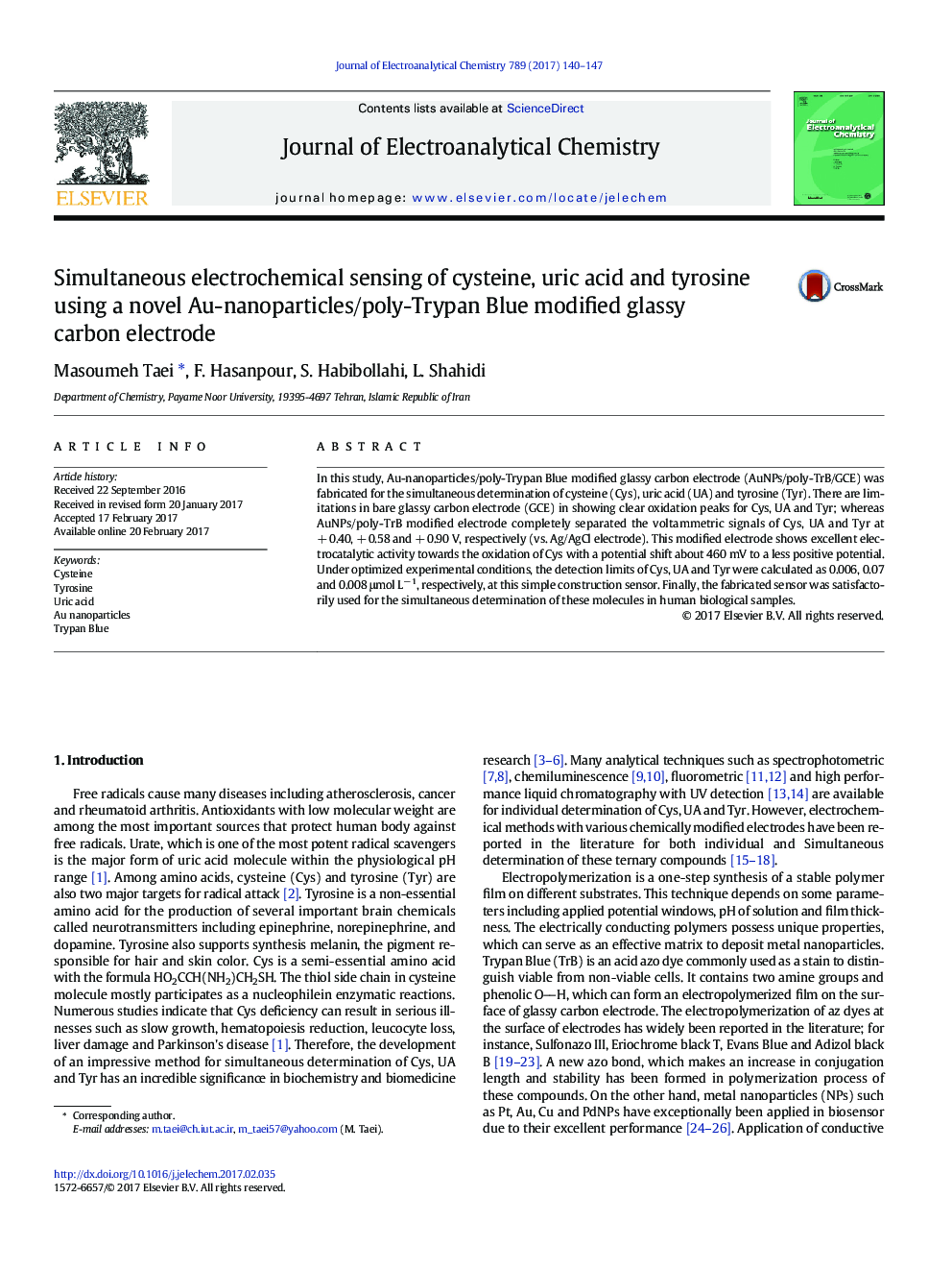 Simultaneous electrochemical sensing of cysteine, uric acid and tyrosine using a novel Au-nanoparticles/poly-Trypan Blue modified glassy carbon electrode