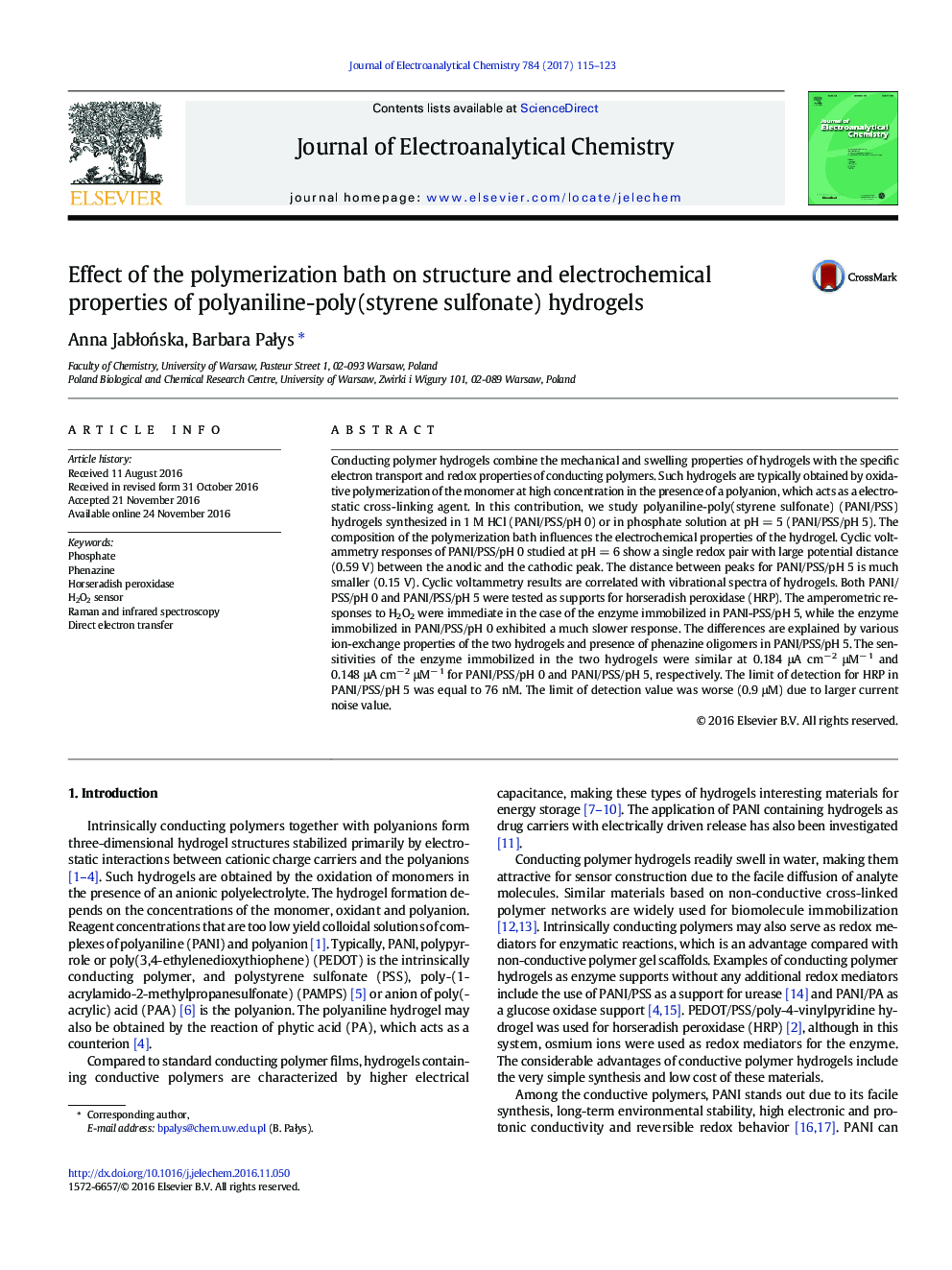 Effect of the polymerization bath on structure and electrochemical properties of polyaniline-poly(styrene sulfonate) hydrogels