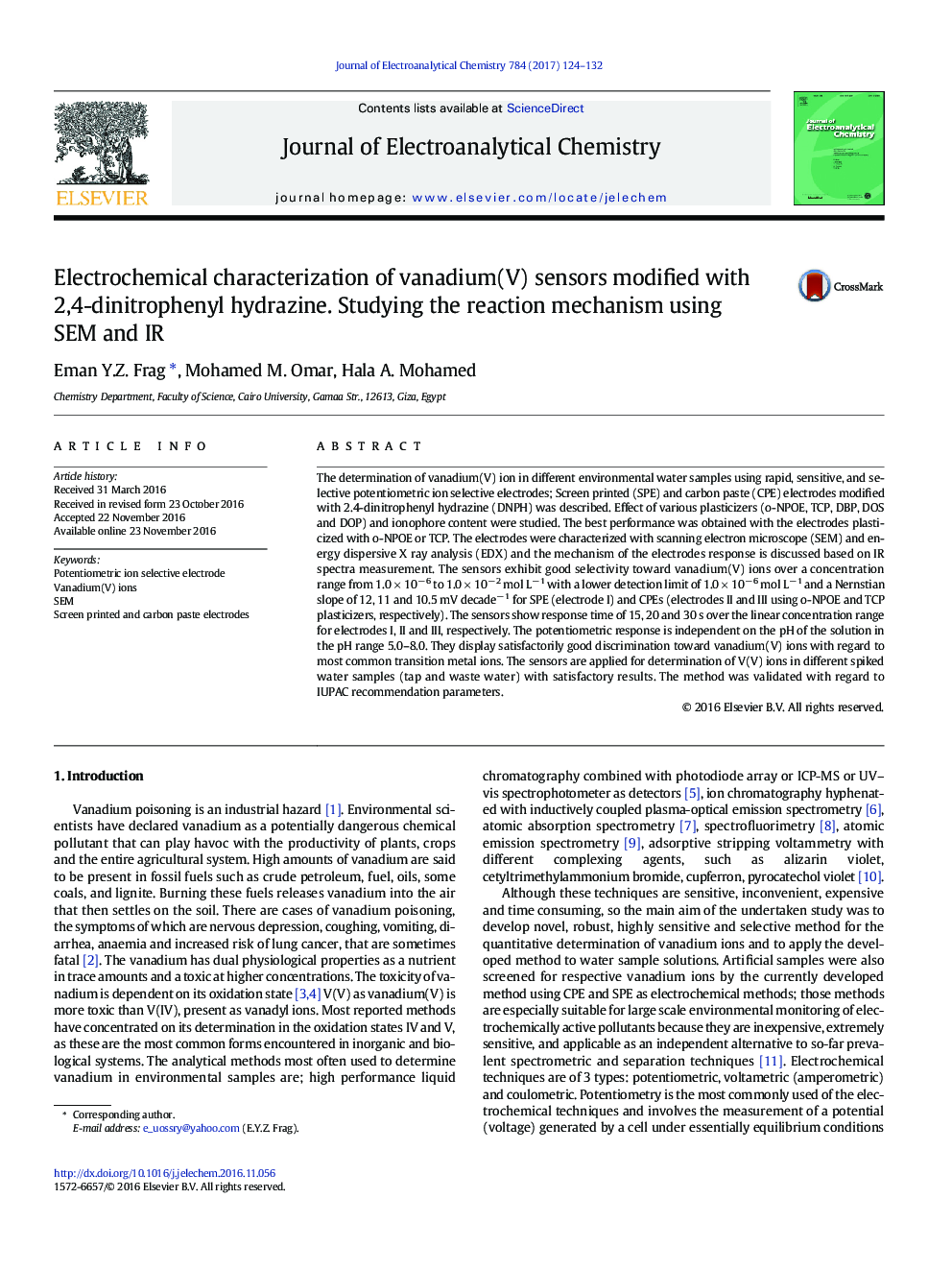 Electrochemical characterization of vanadium(V) sensors modified with 2,4-dinitrophenyl hydrazine. Studying the reaction mechanism using SEM and IR