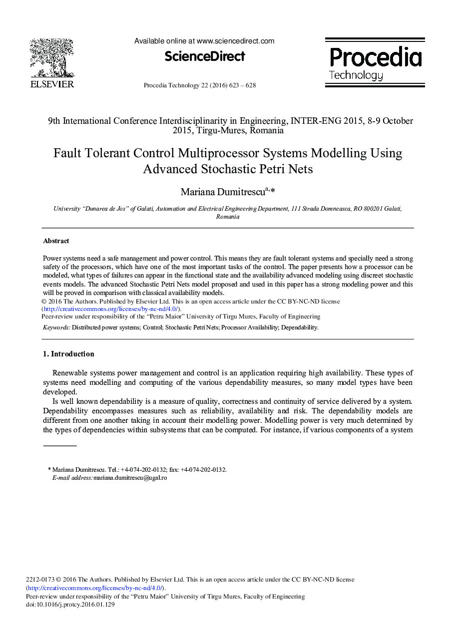 Fault Tolerant Control Multiprocessor Systems Modelling Using Advanced Stochastic Petri Nets 