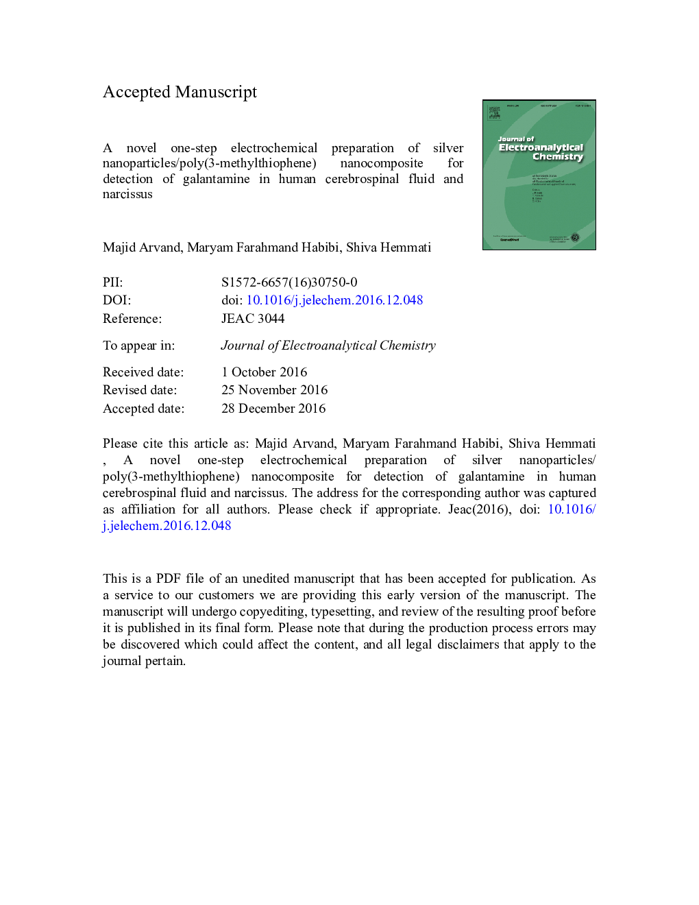 A novel one-step electrochemical preparation of silver nanoparticles/poly(3-methylthiophene) nanocomposite for detection of galantamine in human cerebrospinal fluid and narcissus