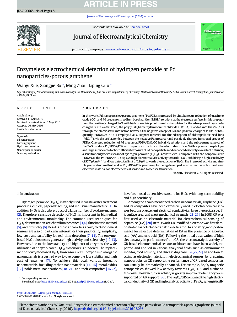 Enzymeless electrochemical detection of hydrogen peroxide at Pd nanoparticles/porous graphene