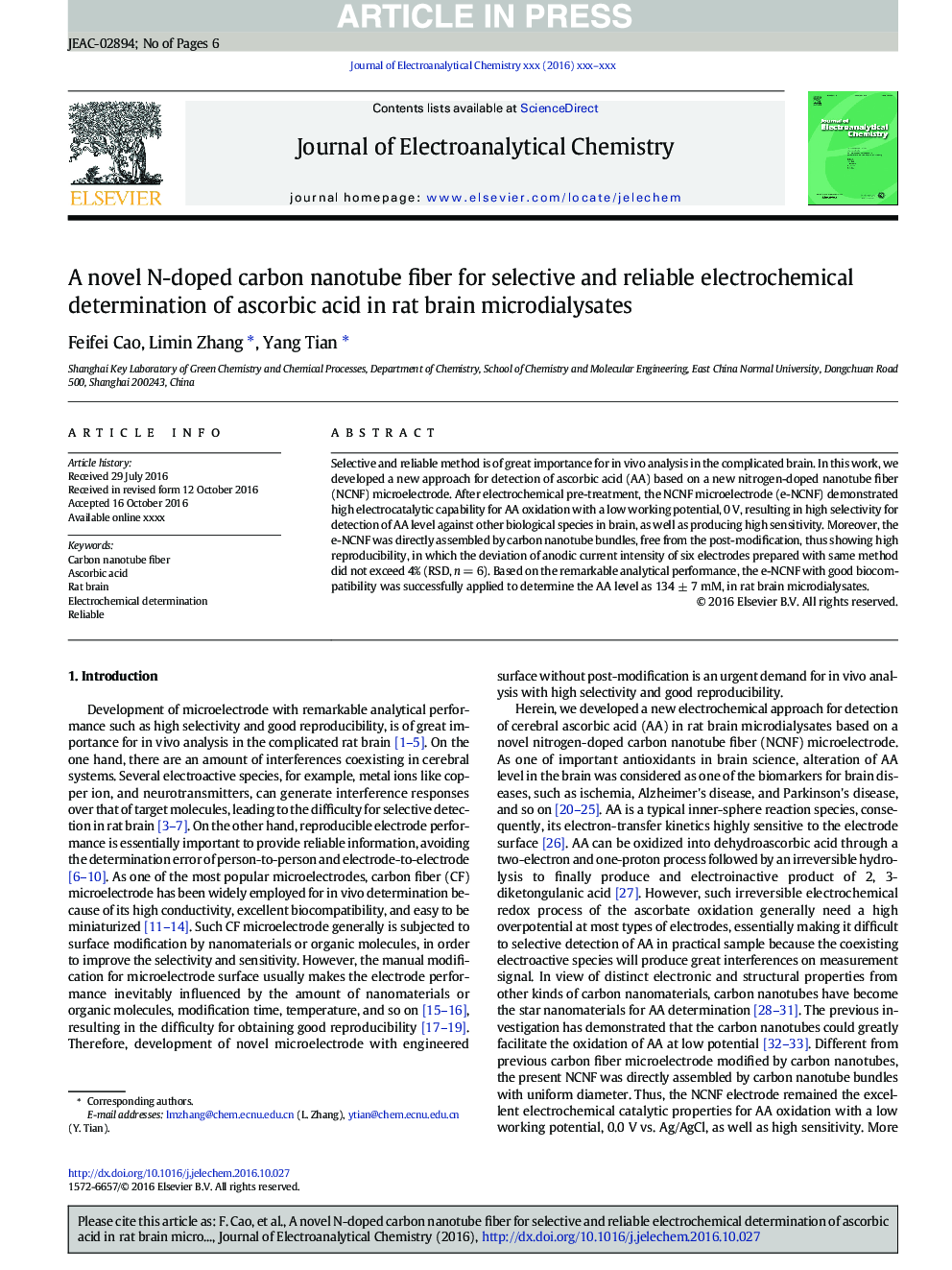 عکس صفحه اول مقاله: A novel N-doped carbon nanotube fiber for selective and reliable electrochemical determination of ascorbic acid in rat brain microdialysates A novel N-doped carbon nanotube fiber for selective and reliable electrochemical determination of ascorbic acid in rat brain microdialysates