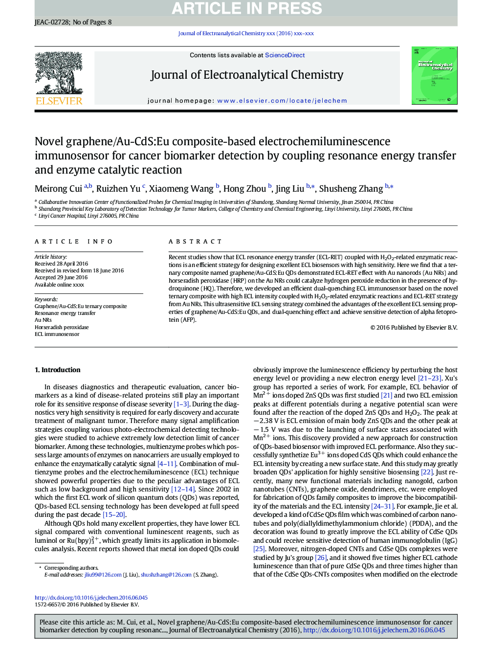 Novel graphene/Au-CdS:Eu composite-based electrochemiluminescence immunosensor for cancer biomarker detection by coupling resonance energy transfer and enzyme catalytic reaction