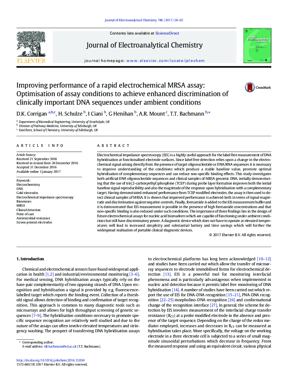 Improving performance of a rapid electrochemical MRSA assay: Optimisation of assay conditions to achieve enhanced discrimination of clinically important DNA sequences under ambient conditions