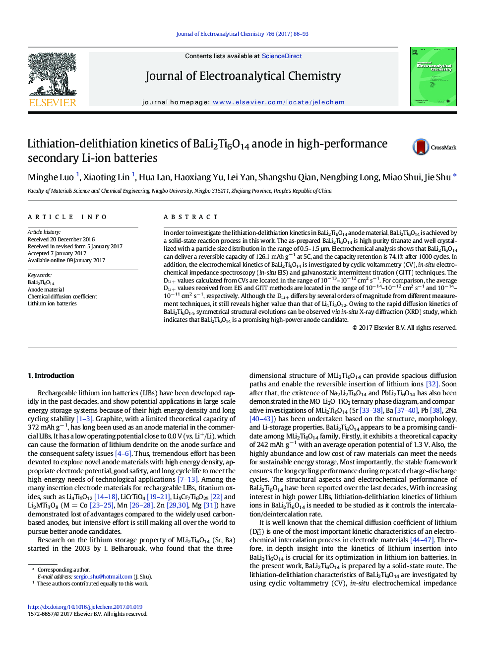 Lithiation-delithiation kinetics of BaLi2Ti6O14 anode in high-performance secondary Li-ion batteries