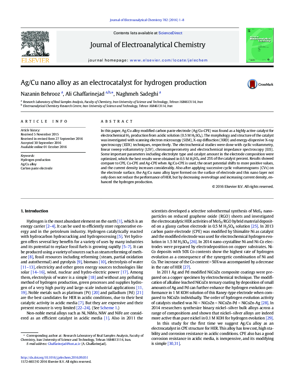 Ag/Cu nano alloy as an electrocatalyst for hydrogen production