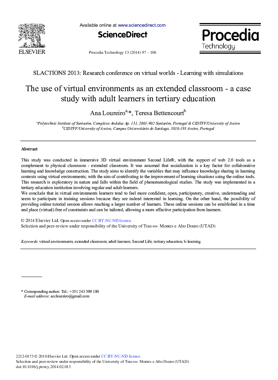 The Use of Virtual Environments as an Extended Classroom – A Case Study with Adult Learners in Tertiary Education 