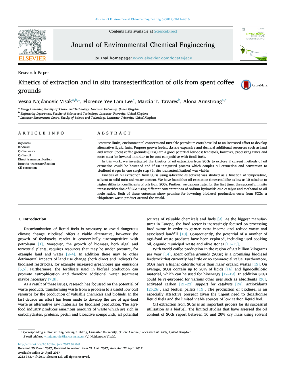 Kinetics of extraction and in situ transesterification of oils from spent coffee grounds