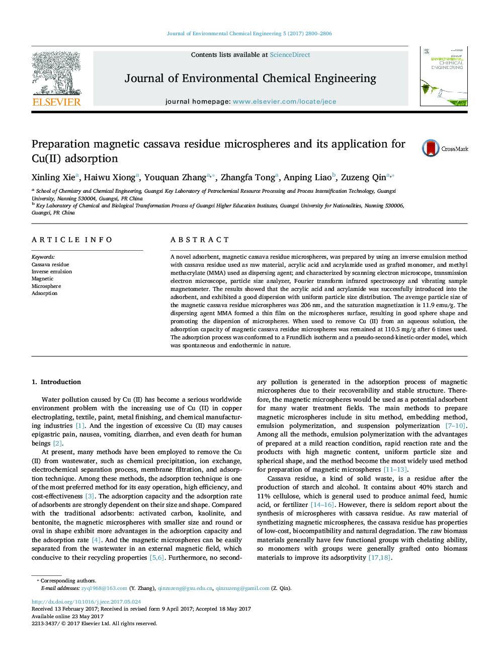 Preparation magnetic cassava residue microspheres and its application for Cu(II) adsorption