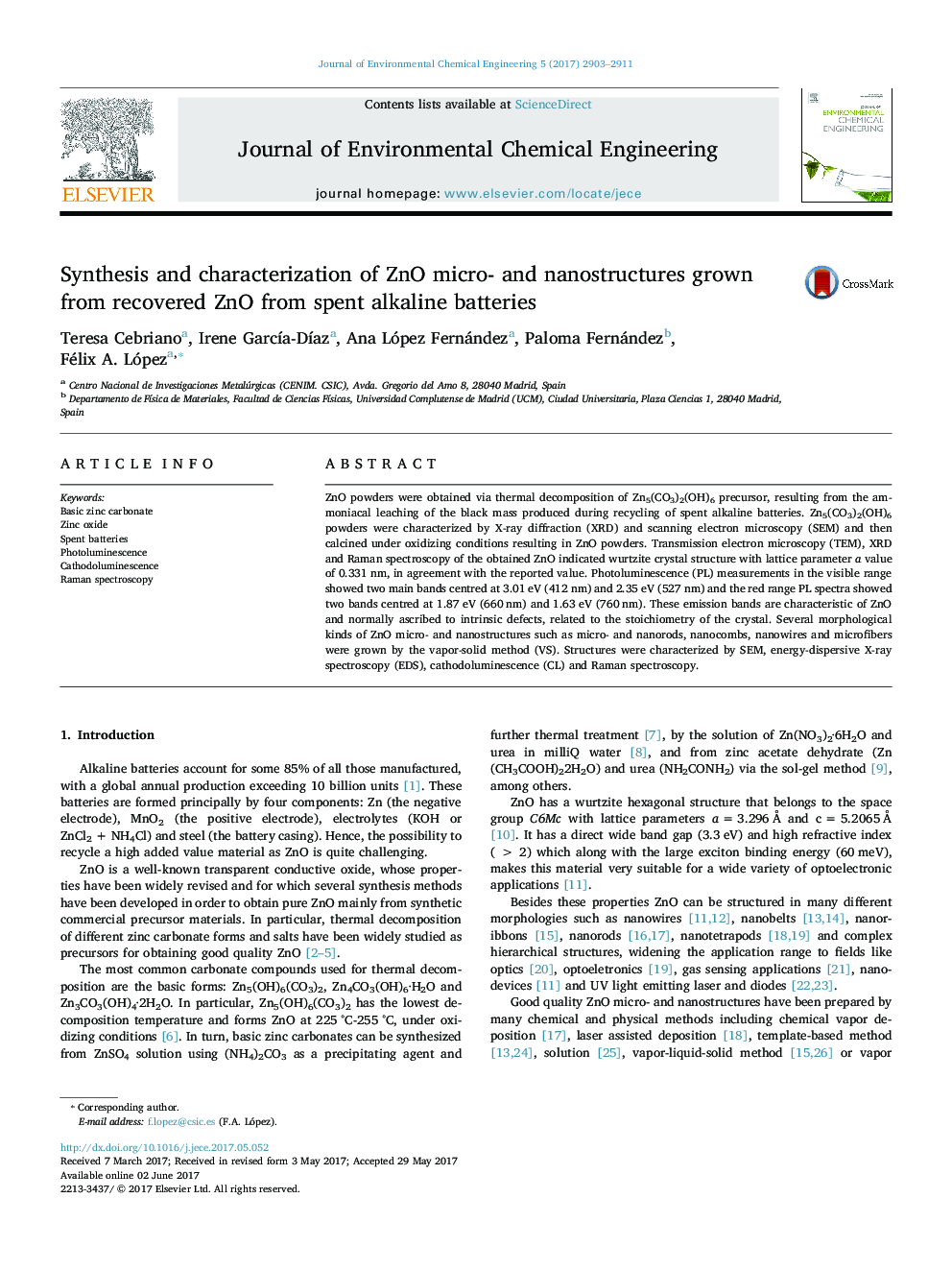 Synthesis and characterization of ZnO micro- and nanostructures grown from recovered ZnO from spent alkaline batteries