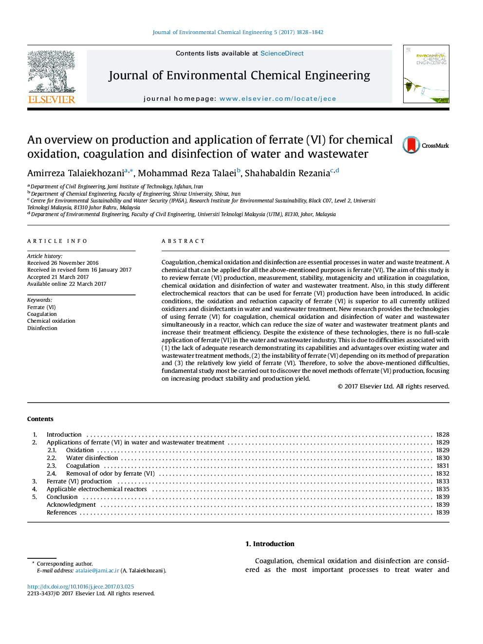 An overview on production and application of ferrate (VI) for chemical oxidation, coagulation and disinfection of water and wastewater