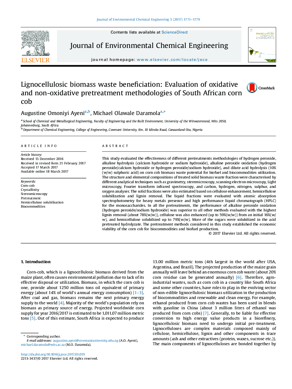 Lignocellulosic biomass waste beneficiation: Evaluation of oxidative and non-oxidative pretreatment methodologies of South African corn cob