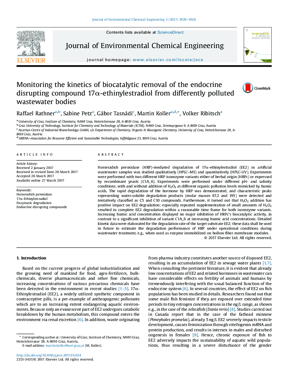 Monitoring the kinetics of biocatalytic removal of the endocrine disrupting compound 17Î±-ethinylestradiol from differently polluted wastewater bodies