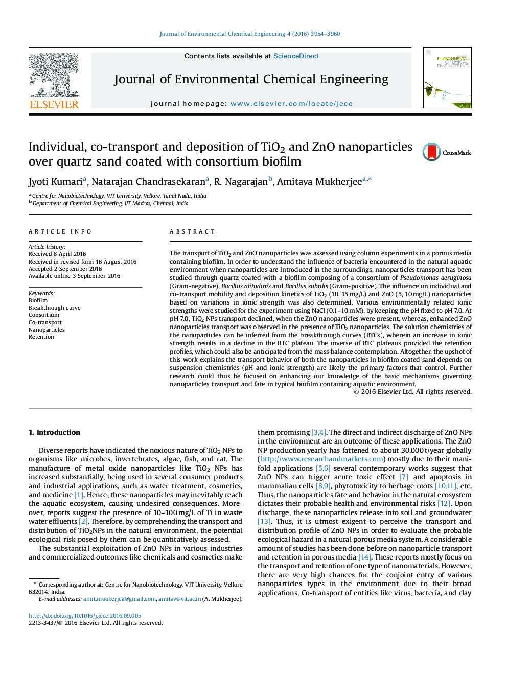 Individual, co-transport and deposition of TiO2 and ZnO nanoparticles over quartz sand coated with consortium biofilm