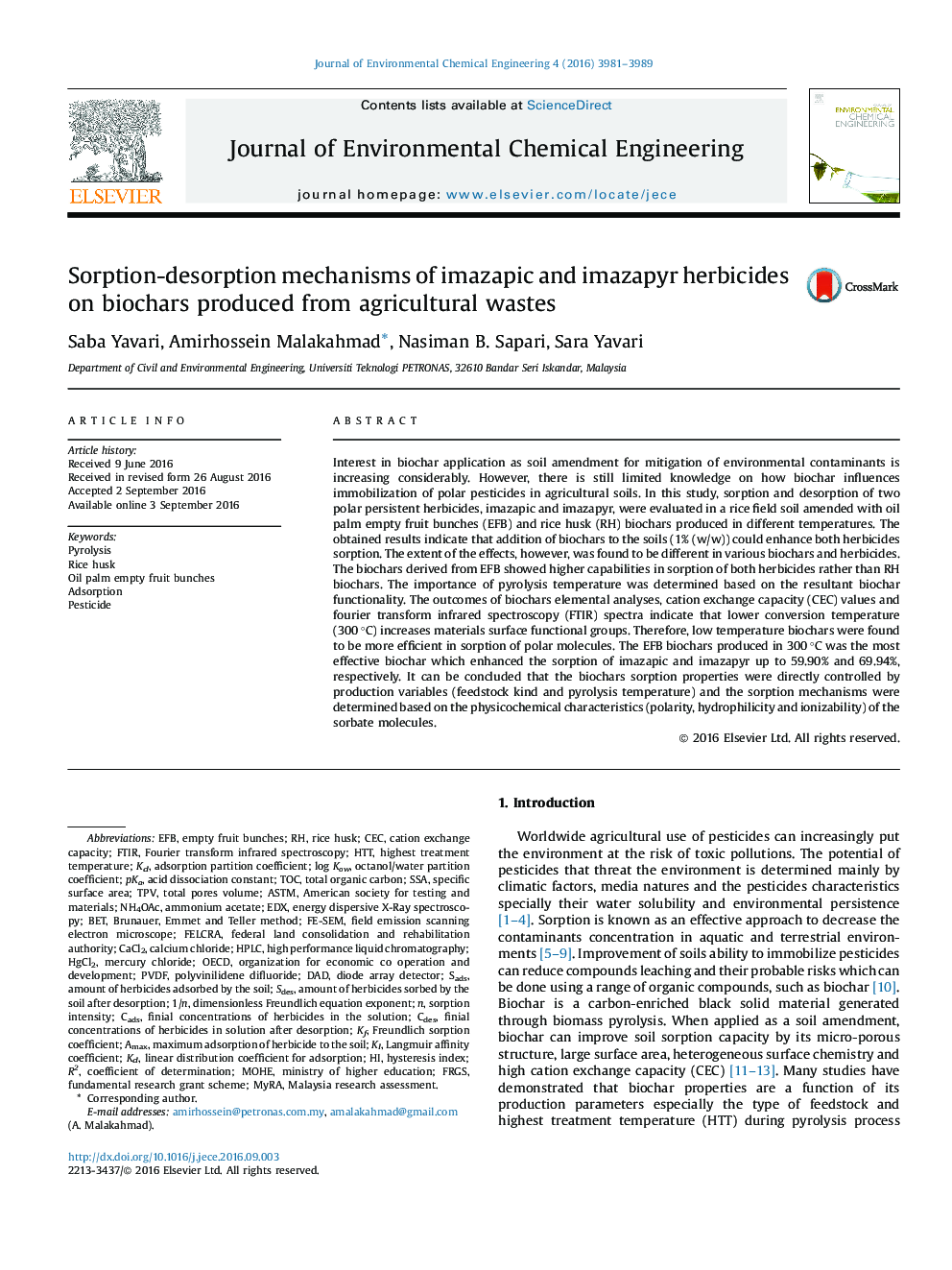 Sorption-desorption mechanisms of imazapic and imazapyr herbicides on biochars produced from agricultural wastes