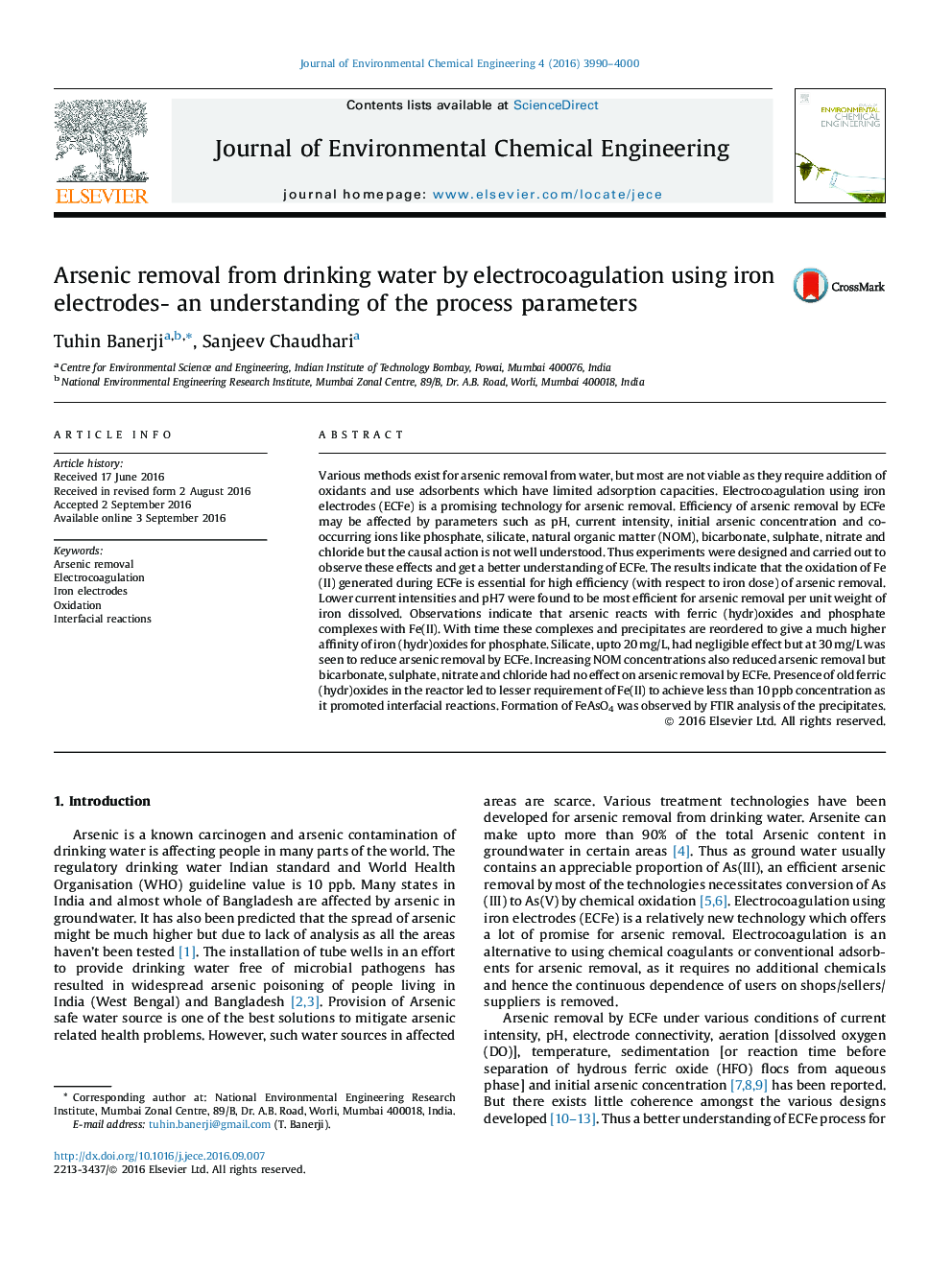 Arsenic removal from drinking water by electrocoagulation using iron electrodes- an understanding of the process parameters