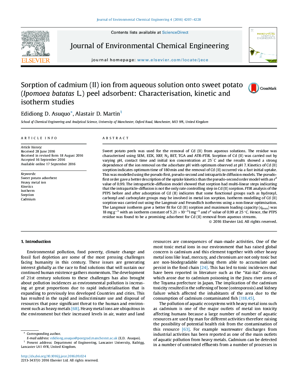 Sorption of cadmium (II) ion from aqueous solution onto sweet potato (Ipomoea batatas L.) peel adsorbent: Characterisation, kinetic and isotherm studies